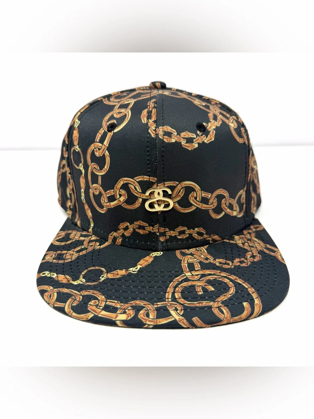 Stussy Baroque Chain Pattern Baseball Cap Leather Strapback Hat Black Luxury EUC